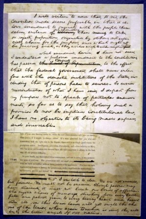 Final page of the Lincoln Inaugural Address, with edits in Lincoln\'s hand.  Full scans of all pages at \<a href=\"http://www.loc.gov/exhibits/treasures/trt039.html\"\>Library of Congress\' site.\<\/a\>