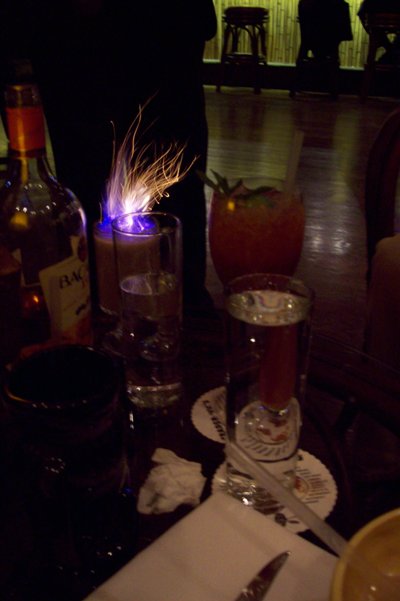 one of several flaming drinks on the menu