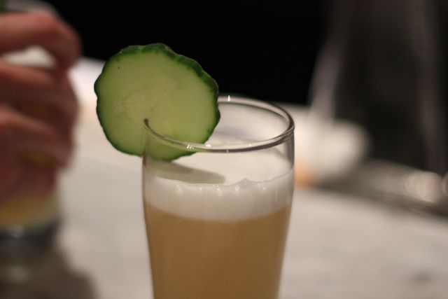 The \"Oaxacan Vacation\" (El Peloton de la Muerte Mezcal, Dolin Dry Vermouth, agave and simple syrup, cucumber, lime, mole bitters, and egg white) came from a \"Dealer\'s Choice\" request from a guest.