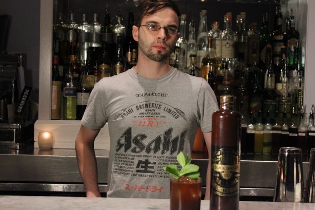 Tyler Fry from Violet Hour with his MÄrtiÅÅ¡ Day cocktail made with Riga Black Balsam