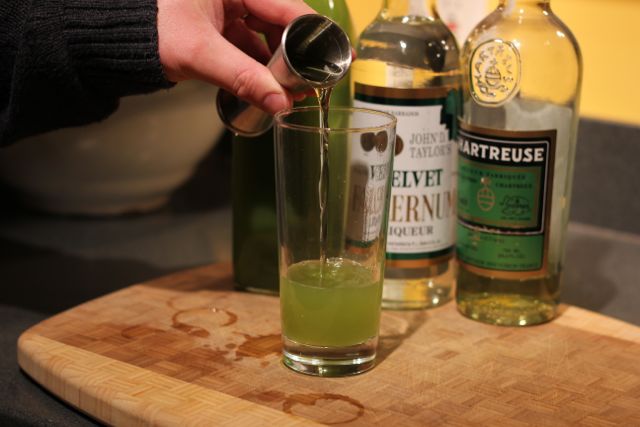 Lastly, add 2oz of Green Chartreuse. It\'s expensive, but it can last a long time.