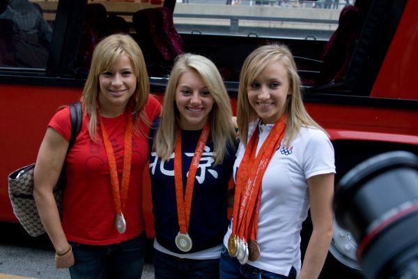 Members of the U.S. Women\'s Gymnastic Team, from left to right, Alicia Sacramone, Samantha Peszek, and All-Around Gold Medalist Nastia Liukin