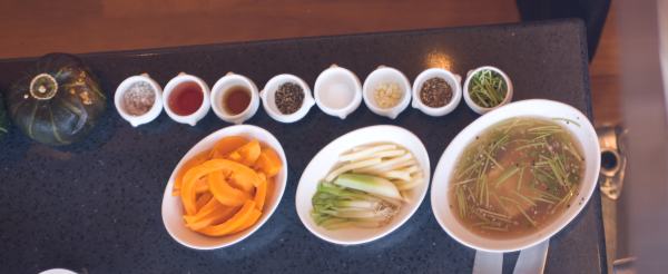 Overhead shot of Chef Flanigan\'s kitchen ingredients for his \"Savoring the Taste of Fall\" demonstration.