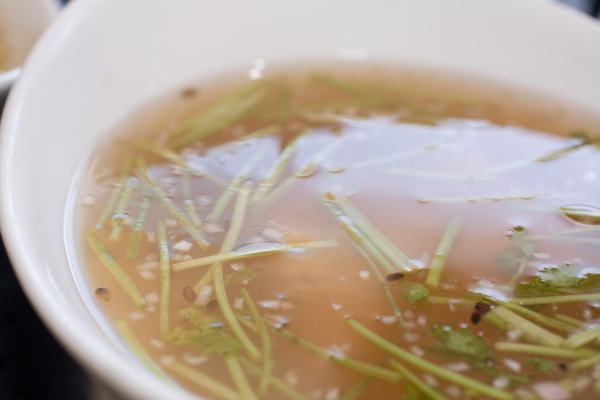 A close up of Chef Flanigan\'s brining liquid which we wanted to sip like a cold soup.
