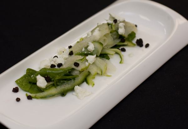 Bosc Pear, cucumber, goat cheese, currants, petite spinach.