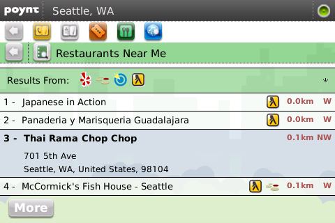 Poynt for Blackberry:  List of restaurants with additional details when you scroll over each.