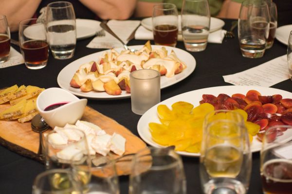 Our table of desserts: The aforementioned cheese platter; Mick Klug white peaches with dulce de leche cream; Seedling Farm red and gold plums with a light sprinkle of sea salt.  Paired with Goose Island Pere Jacques.