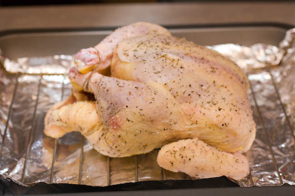 Here\'s our chicken in our $4 roasting pan from IKEA.  Seriously. Again, not cooking for royalty.