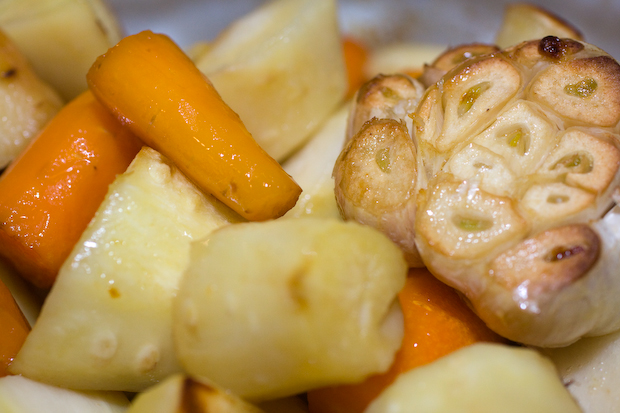 Our roasted parsnips, carrots, and head of garlic.