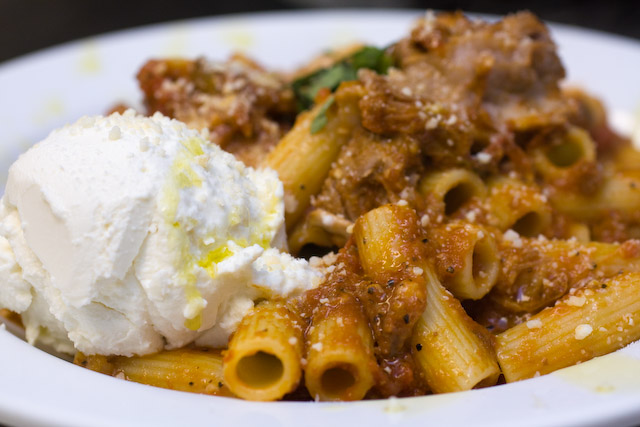 Rigatoni with Sunday Pork Gravy  $16.00\r\nSlow Cooked Pork in San Marzano Tomato Gravy served with a scoop \r\nof Ricotta Cheese