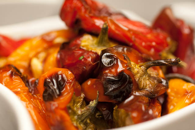 Roasted, mini sweet peppers.