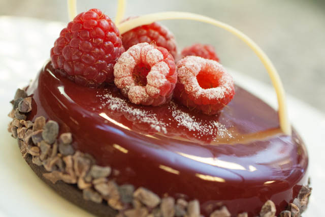 Dark chocolate raspberry tart available at Pierrot Gourmet.