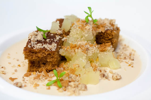 Maple custard with gingerbread, green apple and pecan nougatine. Dessert available at the Lobby.