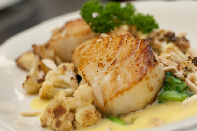 Sea scallops with cauliflower, toasted almonds and curry.