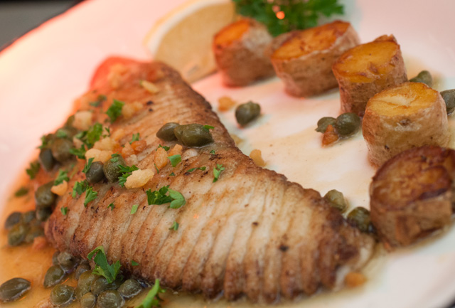 Skate wing with lemon, capers and brioche croutons.