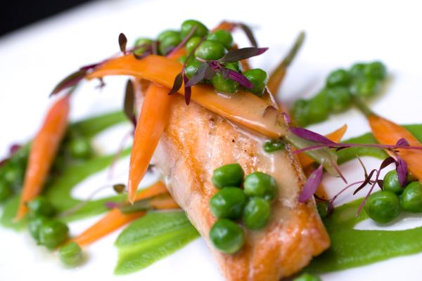 Olive Oil Poached Scottish Salmon - English peas, parsley root, baby carrots
