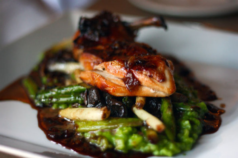 Smoked Spring Chicken, frenched breast, wild ramp risotto, asparagus, date sauce