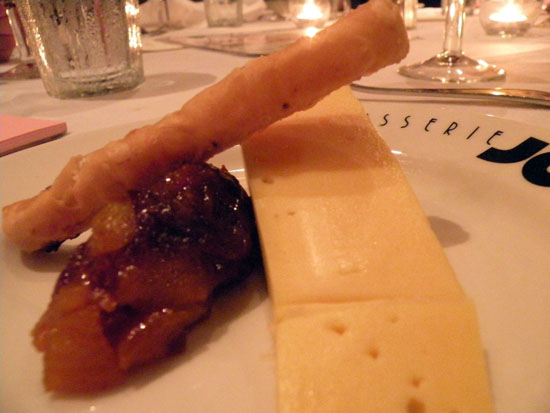 You\'re looking at Pere Joseph cheese served with a spiced fruit compote and house-made caraway stick. Great dish; too bad it was paired with the oud bruin.