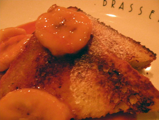 Dessert comprised of what we normally would call a breakfast. This is Pain Perdu (aka French Toast) with bananas and a sweet syrup. the idea of eating French Toast at 9:30 at night put a smile to our faces, especially when it shared a plate with...