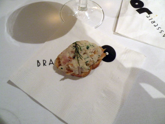 The first of the passed appetizers: smoked trout rillette served atop a toasted crostini.