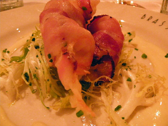 The second course: shrimp wrapped in double-smoked bacon and served with Jarlsburg cheese atop a root slaw. Ringing the course was an aioli made with the Augustijn ale. Everything is better with bacon.