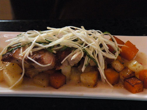 Izard\'s Finished Dish: pork chop with ginger-infused coconut milk, pineapple, butternut squash and raw celery root.