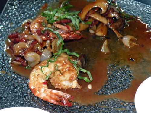 Levitski\'s finished dish: shrimp with a bacon milk chocolate sauce and cipollini onion
