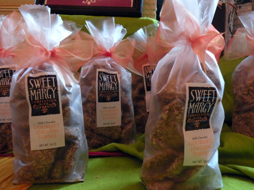 A selection of toffees from \<a href=\"http://confectiondiva.com\"\>Sweet Margy, the Confection Diva\<\/a\>. Owner Margery Kane makes the best local toffees around. They neither stick to nor crack your teeth and are simply satiny in texture.