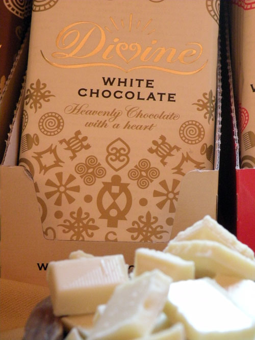 White Chocolate from \<a href=\"http://www.divinechocolateusa.com/\"\>Divine Chocolate Company\<\/a\>. This is a fair trade, organic collective from Ghana. Their chocolate has an exquisite mouthfeel.