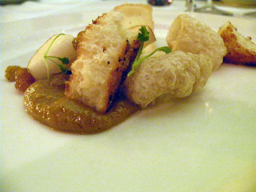 Blackbird pastry chef Tim Dahl ended the evening with a dish of Muenster Gerome with larded brioche, golden raisins, Korean pears and grattons. We recognized the pork rinds from our visits to the Publican; they\'re as airy light as we expected. Any dessert that ends with pork rinds is a-okay.