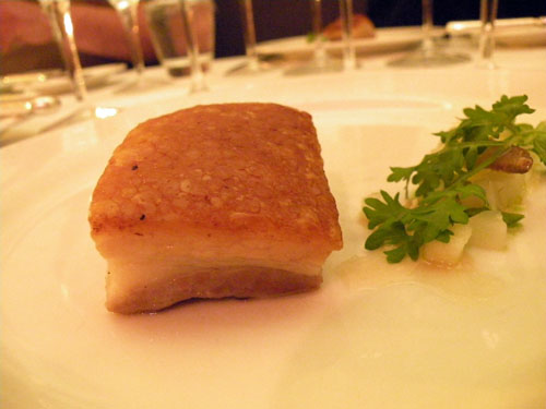 First Course: Pork belly and house cured sardine with local honey, celery and green apple jam. Prepared by Jason Hammel and Amalea Tshilds of Lula Caf&#233. A very good way to start off the dinner, running the pork belly through the honey. Meanwhile, the sardine and apple jam were prefect complements.