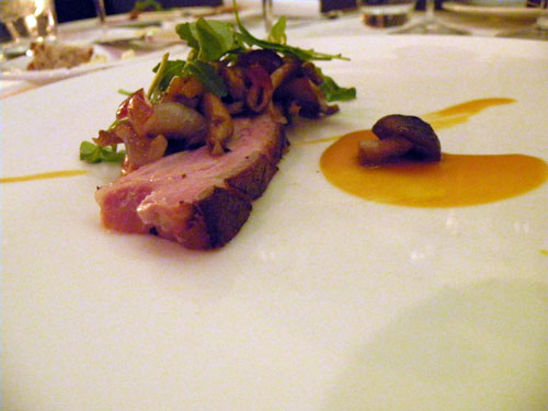 Blackbird\'s Mike Sheering stepped up to the plate with the fourth course: braised country-style ham with cippolini onions, matsutake mushrooms, red grapes and butternut squash-miso. Some diners were wondering how Sheering could come up with ham in only a couple of days, but it had a wonderful texture to it and we loved the complement of autumnal flavors. The bright color of the miso made for a good contrast in color with the ham.