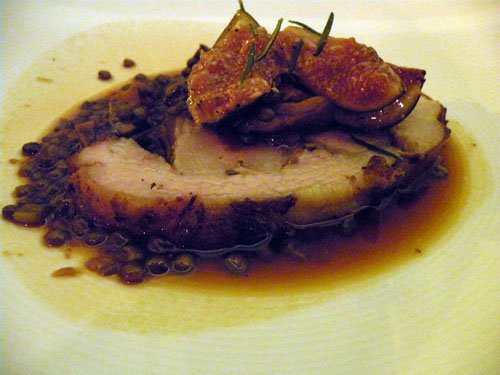 The Publican\'s Brian Huston provided the fifth course: porchetta, lentils, lobster mushrooms and black mission figs. The porchetta had some rich fat to it that melted in the mouth, while the lentils had some firmness to them that we appreciated.