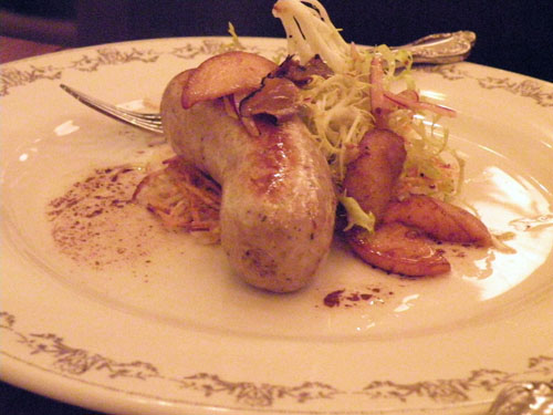 Organic Boudin blanc with quince, truffle, frisee and hash brown ($15)