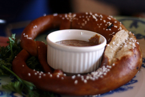 The weisswurst dish was served with a pretzel and mustard.