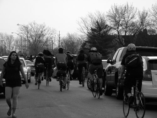 Bicyclists leaving Munster after a hard day.