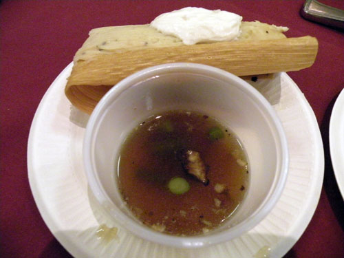 Team Dunne\'s best entry, in my estimation: a shank and shoulder tamale with ranchero sauce and testa bouillon.