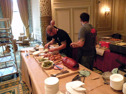 Chef Chris Pandel (w/back turned to camera) and the Bristol team prepare for their judging.