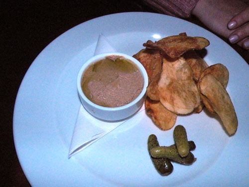 Chicken Liver pat&#233 w/garlic potato chips.