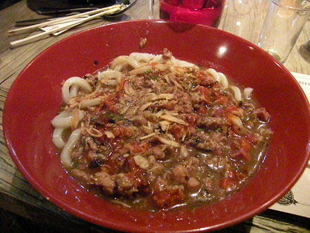 Asian Bolognese with udon, ground pork and Chinese black bean, paired with Matilda.