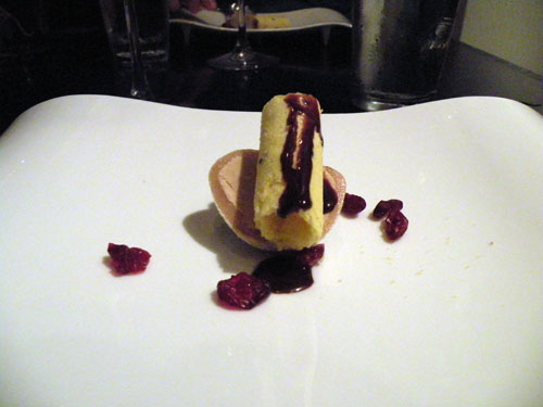 Dessert: coffee ice cream wrapped in rice paper, served with Italian cookie, chocolate and dried cherries.