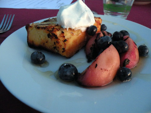 Dessert: grilled sour cream pound cake, farmer\'s market fruit and vanilla whipped cream.