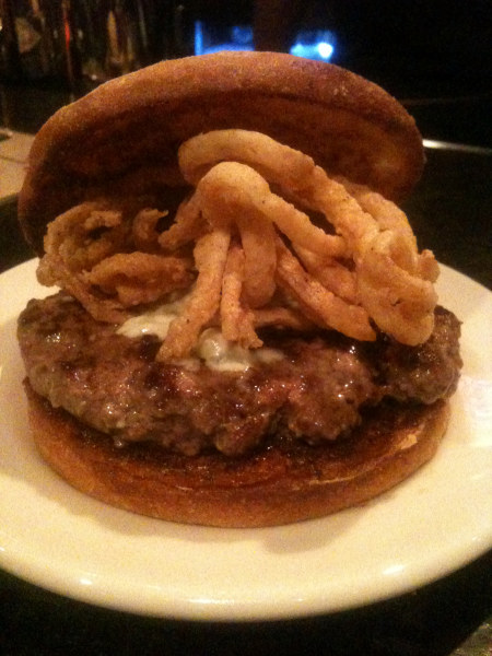 DMK\'s no. 2 burger &#151 Chili-Rubbed Onion Strings, Great Hill Blue cheese, Chipotle Ketchup (Chuck Sudo)