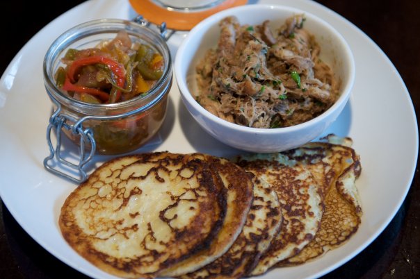 The Southern\'s johnnycakes with pork and chowchow.