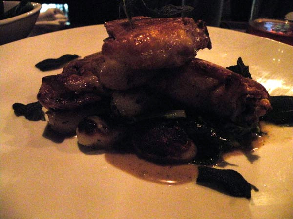 buttermilk-braised chicken thighs with gnocchi, caramelized greens, brown butter and crispy sage.