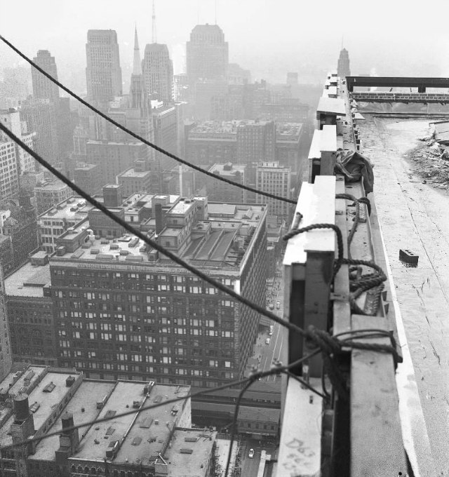View of the city from the Prudential Building under construction, 1955\r\n