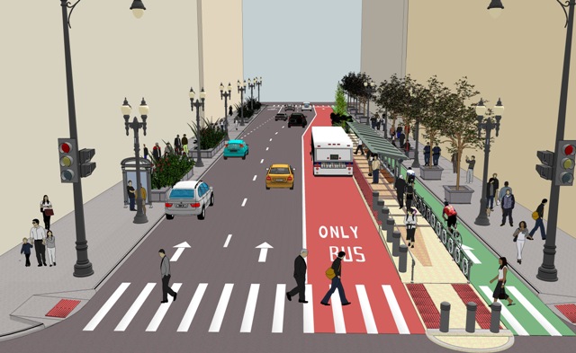 A rendering of the Central Loop Bus Rapid Transit project from Washington Street. (Courtesy Chicago Department of Transportation)
