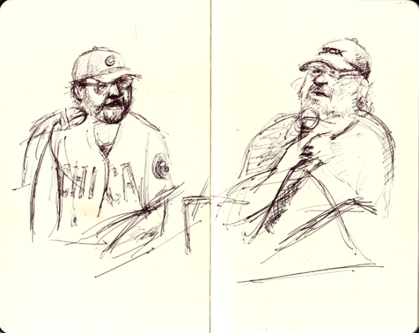 Bill Savage and Tony Fitzpatrick debate the universal Chicago question at last night\'s ChicagoSide launch party at Haymarket Pub & Brewery: Cubs or White Sox. (Sketch by Dmitry Samarov)