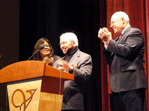 Chaz Ebert, Roger Ebert and Governor Pat Quinn. Quinn declared April 21, 2010 \"Ebertfest Day\" in Illinois.