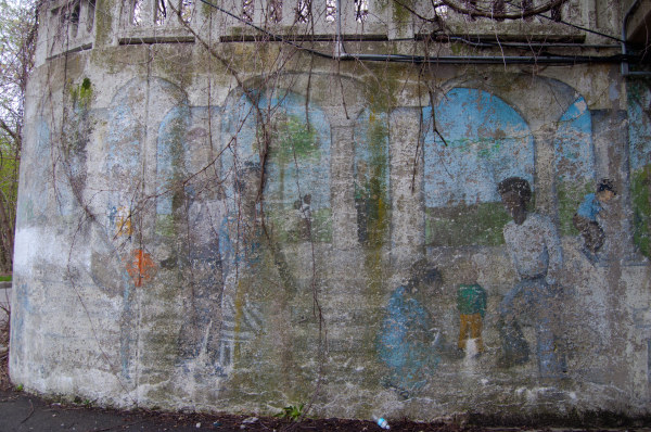The far east section of the mural has been faded by Chicago weather and time.